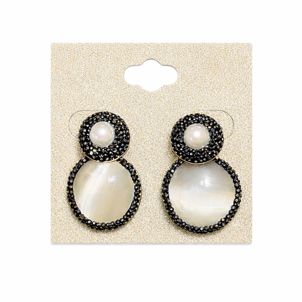 Double-Drop Faux Pearl & Mother-of-Pearl Earrings with Black Crystal Accents